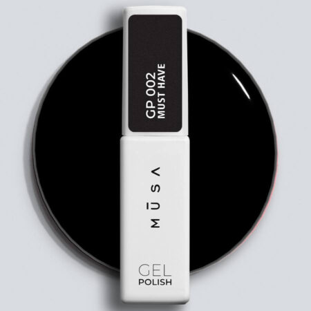 Gel Polish Semipermanente Negro Intenso GP002 de la línea MUST HAVE, diseñado para una cobertura perfecta y un brillo duradero