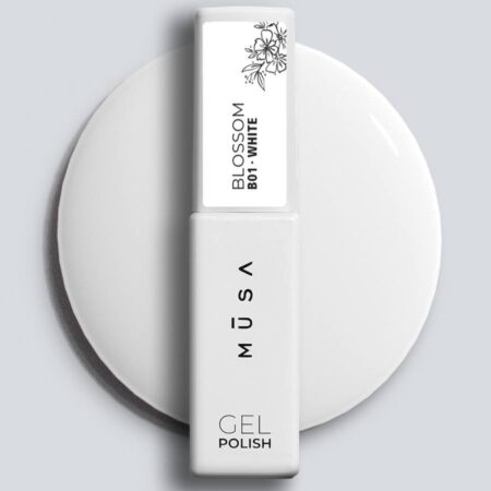 Blossom Gel Blanco con frasco de vidrio ecológico y diseño ergonómico, ideal para nail art con efectos acuarela y mármol.