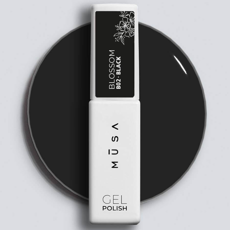 Blossom Gel Negro con frasco de vidrio ecológico y diseño ergonómico, ideal para nail art con efectos acuarela y mármol.