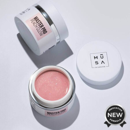 Gel Builder Master Pro Peach Glow con tono melocotón y microglitter para uñas resistentes y profesionales.