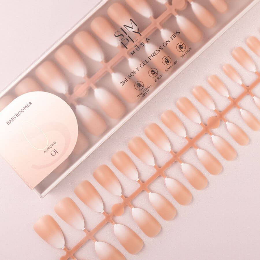 Tips Soft Gel Press On Baby Boomer Almendra 01 Nude, 240 piezas, forma almendra, efecto degradado nude-lechoso.