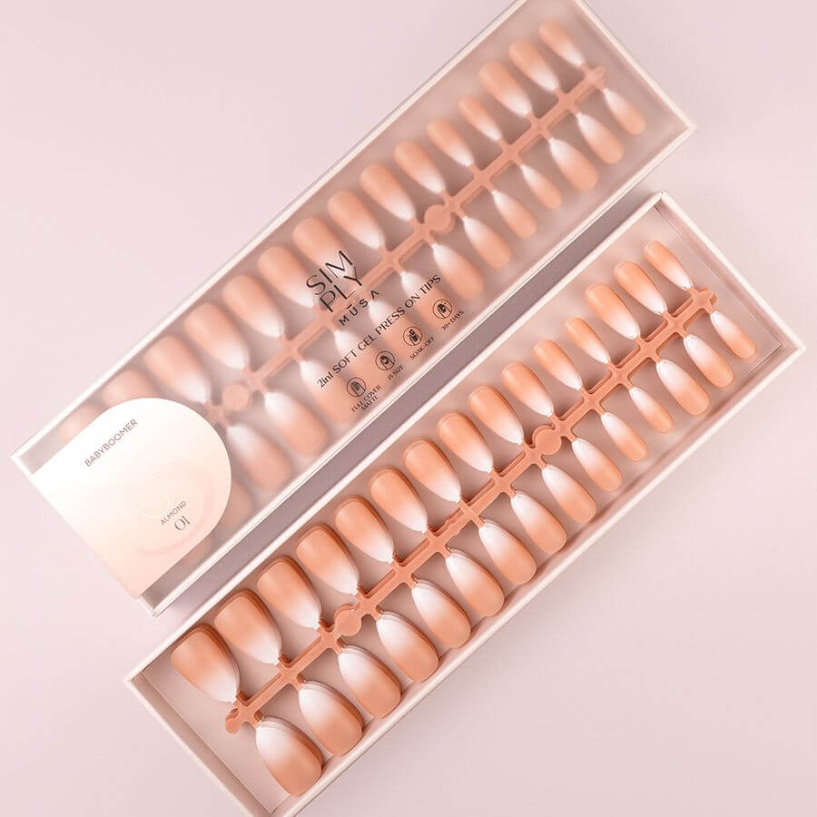 Tips Soft Gel Press On Baby Boomer Almendra 01 Nude, 240 piezas, forma almendra, efecto degradado nude-lechoso.