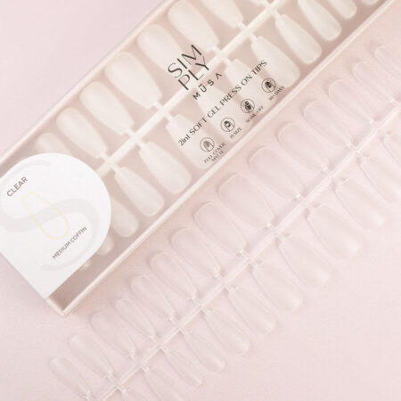 Tips Soft Gel Press On Clear Coffin Media, perfectos para una manicura moderna y personalizable con acabado profesional.
