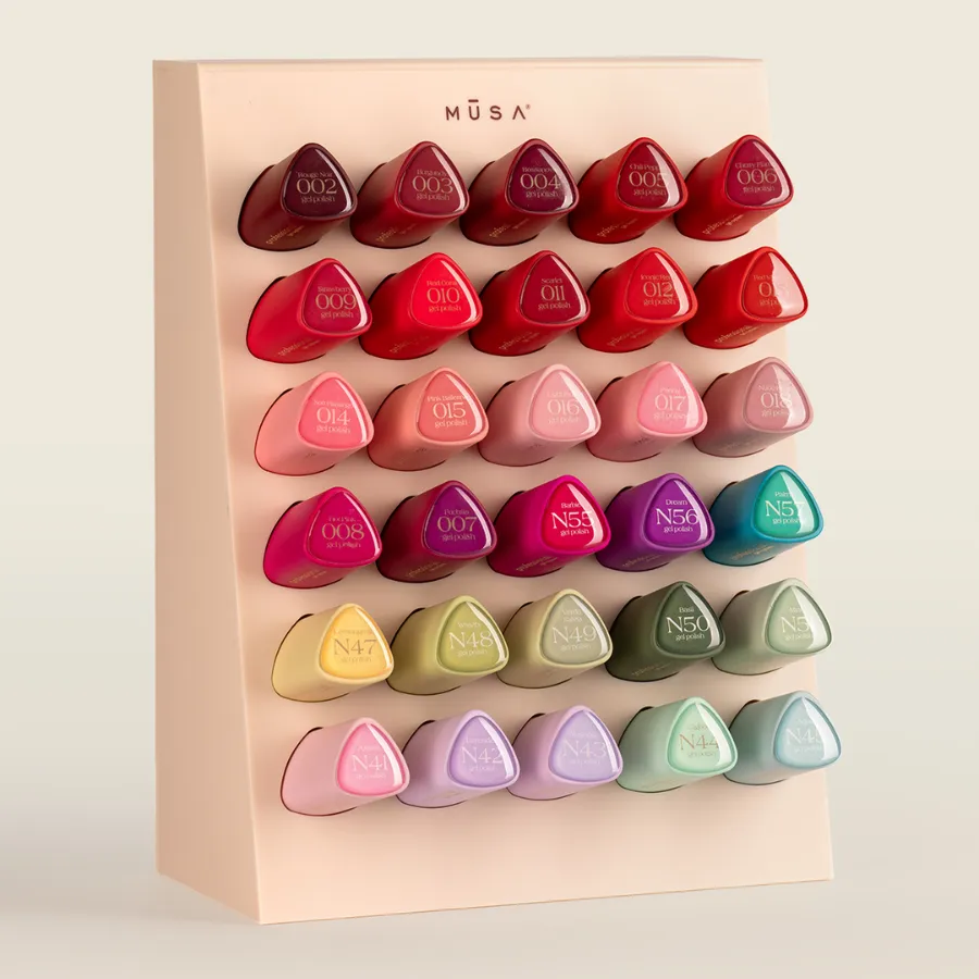 Pack 30 esmaltes semipermanentes con expositor de mesa y pared de regalo, Musa Nails