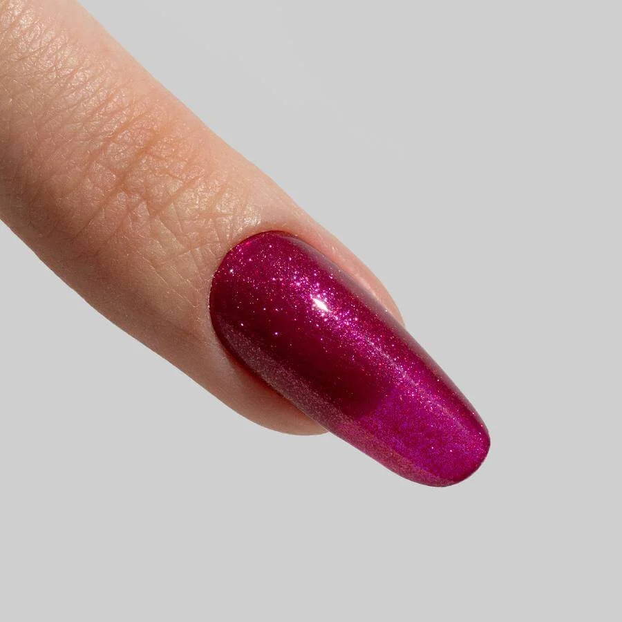 Esmalte Semipermanente HOT SUMMER malva con microglitter en envase de 7 ml, esmalte semipermanente con alta pigmentación y brillo.