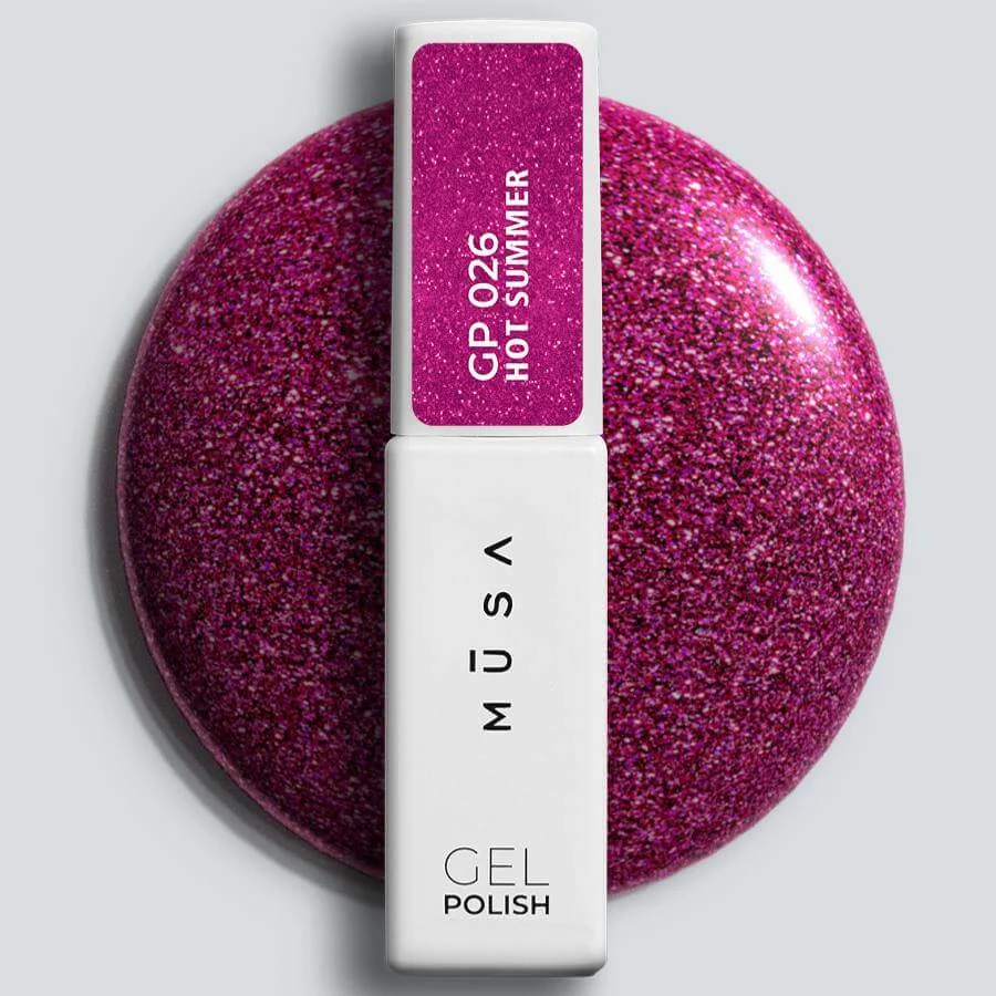 Esmalte semipermanente 26 Hot Summer malva con microglitter de MUSA en frasco de 7 ml - Musa Nails