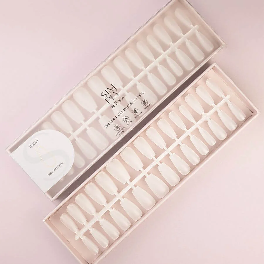Tips Soft Gel Press On Clear Coffin Media, perfectos para una manicura moderna y personalizable con acabado profesional.