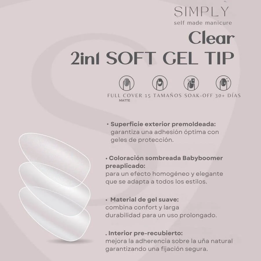 Tips Soft Gel Press On Clear Coffin Media, perfectos para una manicura moderna y personalizable con acabado profesional.