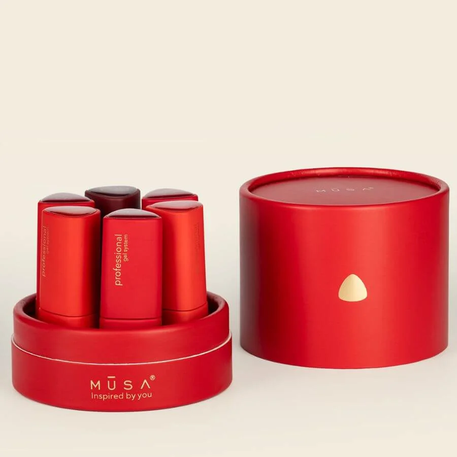 Cofre Rojo Pigmentix Musa para seis esmaltes de 8 ml en estuche redondo rojo.