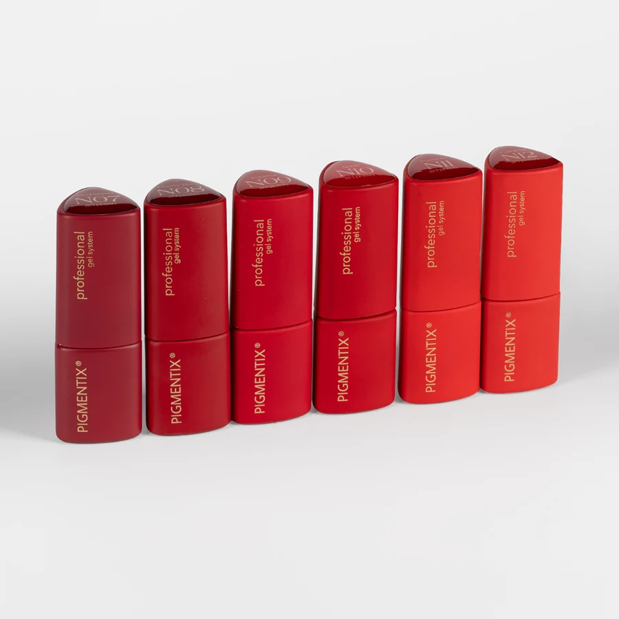 Colección de esmaltes semipermanentes rojos Fuego Pigmentix® con 6 frascos de 8 ml – Musa Nails