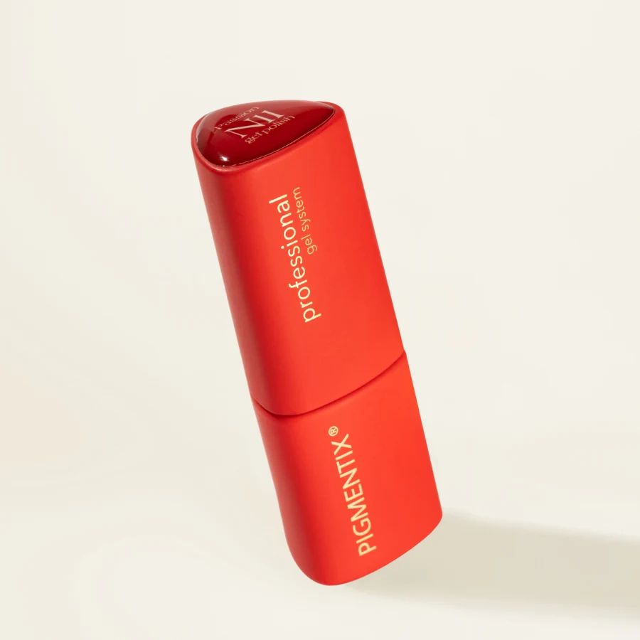 Frasco de esmalte semipermanente rojo coral anaranjado Pigmentix® Passion N11, colección Fuego – Musa Nails