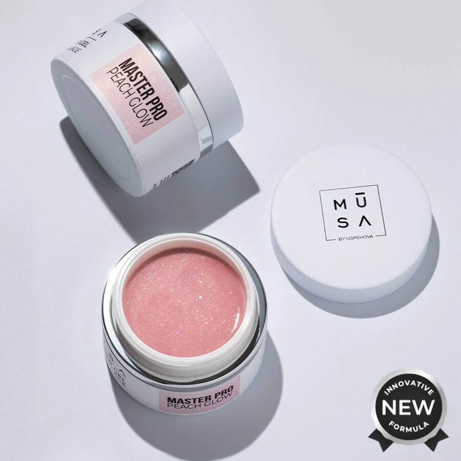 Bote de builder gel master pro peach glow 50 ml melocotón con microglitter - Musa Nails
