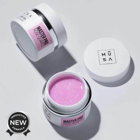 Builder Gel Master Pro Rose Quartz 15 ml, builder gel rosa con glitter de alta viscosidad - Musa Nails