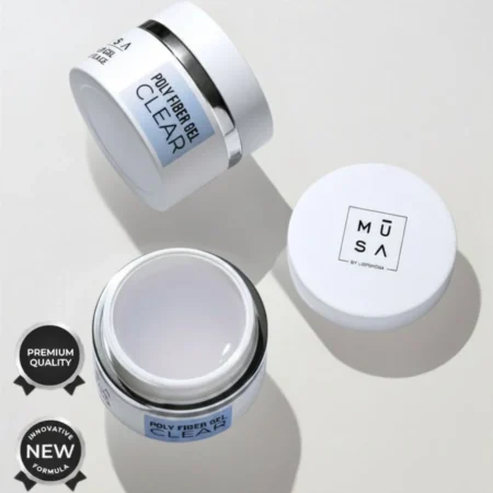 Bote de builder gel poly fiber clear 15 ml transparente con microfibras de refuerzo - Musa Nails
