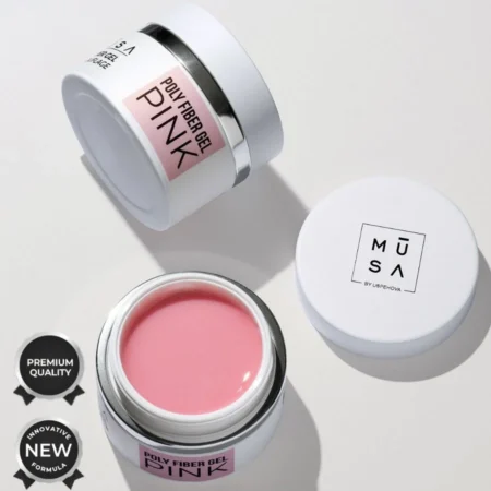 Bote de builder gel poly fiber pink 15 ml rosado con microfibras para reforzar uñas - Musa Nails