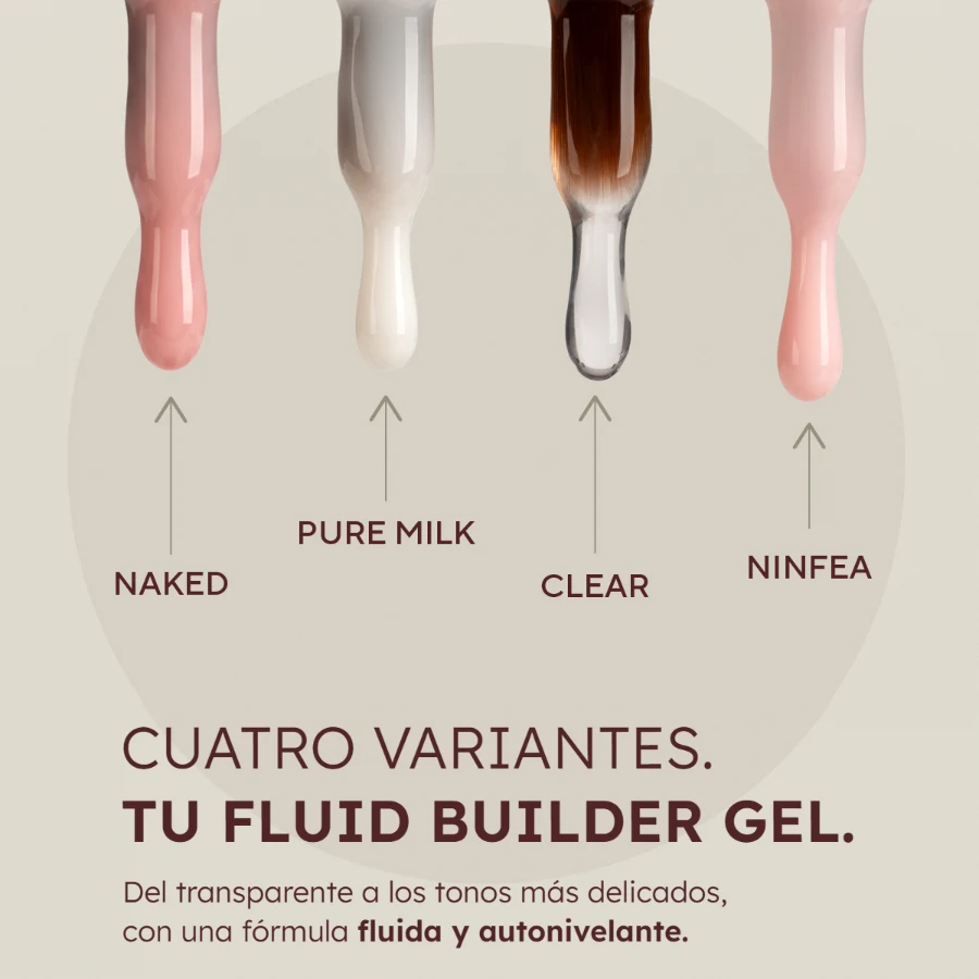 Infografía de las cuatro variantes de Fluid Builder Gel: Naked, Pure Milk, Clear y Ninfea – Musa Nails