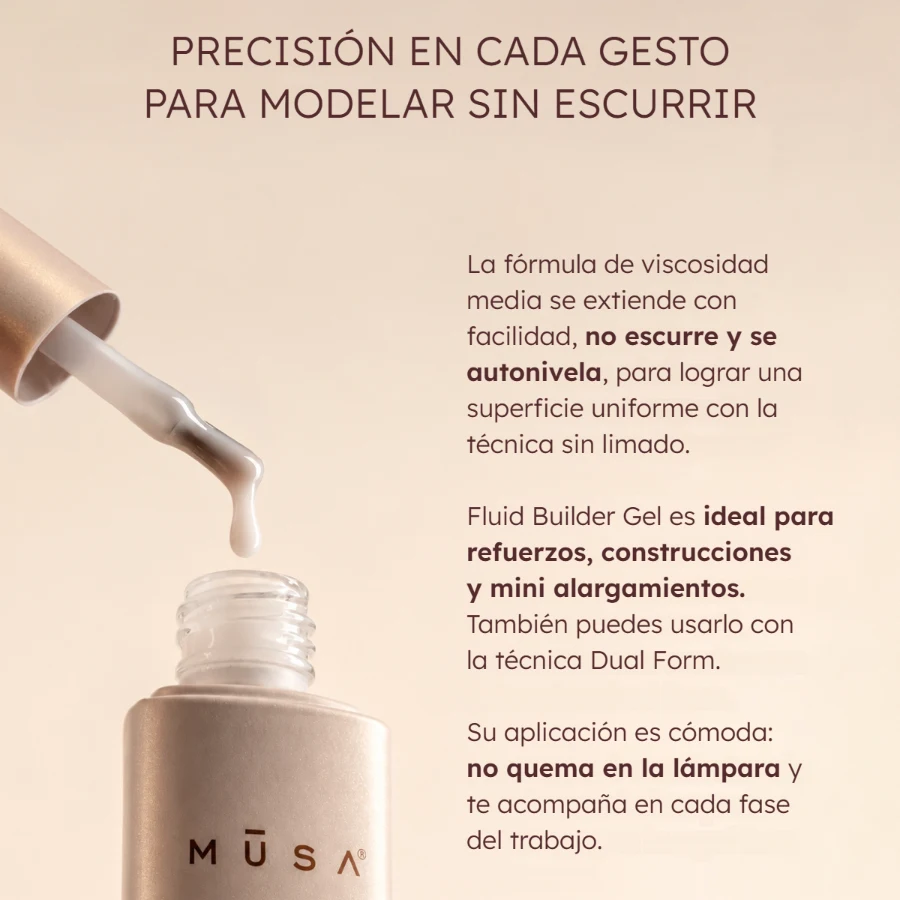 Infografía Fluid Builder Gel de MUSA: precisión para modelar sin escurrir, ideal para refuerzos – Musa Nails