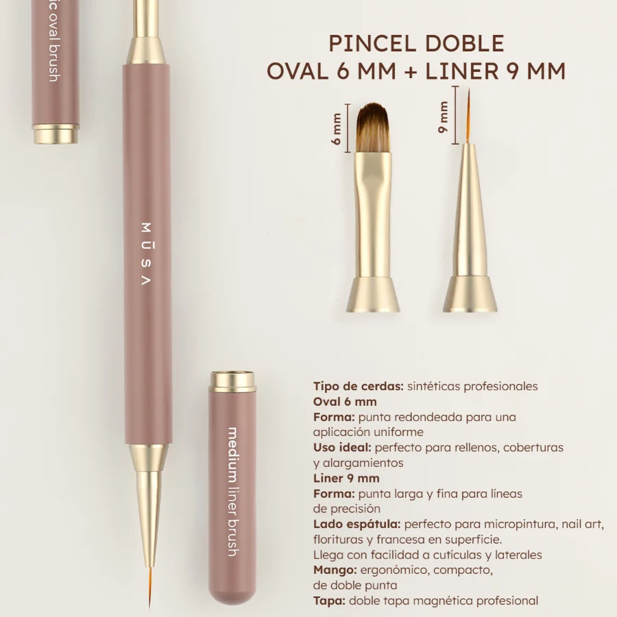 Infografía del pincel doble oval 6 mm y liner 9 mm MUSA – Musa Nails