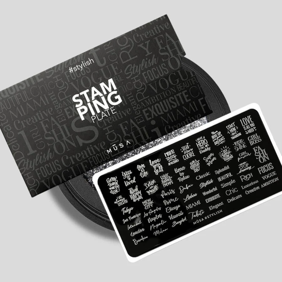Placa stamping frases Stylish con frases y nombres de ciudades en acero inoxidable - Musa Nails