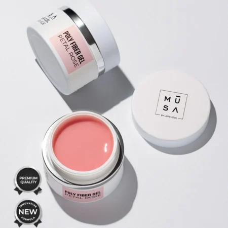 Bote de builder gel poly fiber rose petal 15 ml en tono rosa con microfibras - Musa Nails