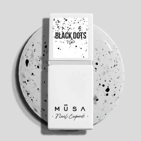 Frasco de top coat transparente con puntitos negros, top puntos negros - Musa Nails